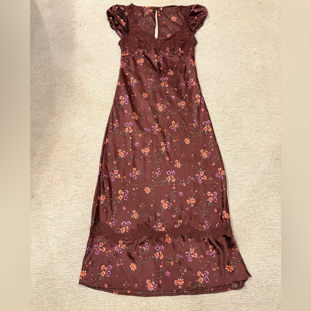 Free People Burgundy Floral Backless Satin Slip Dress - Picture 14 of 16